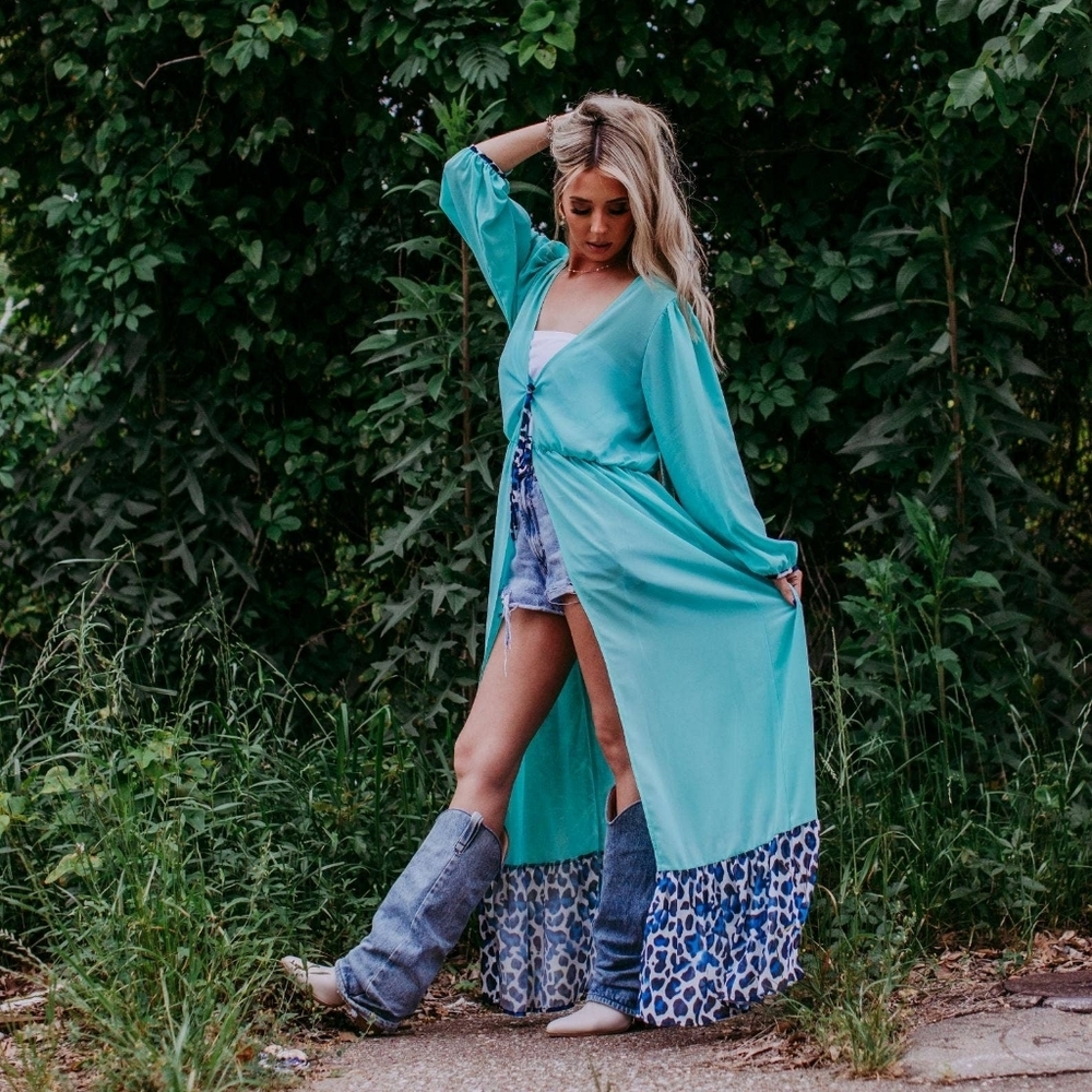 NWT Western Turquoise Cardigan Duster Dress with Leopard Print Ruffle Hem